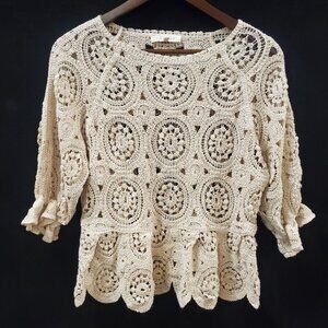 Solitaire Womens Open Crochet Bohemian Top‎ Size M Ivory Hippie Festival Gypsy